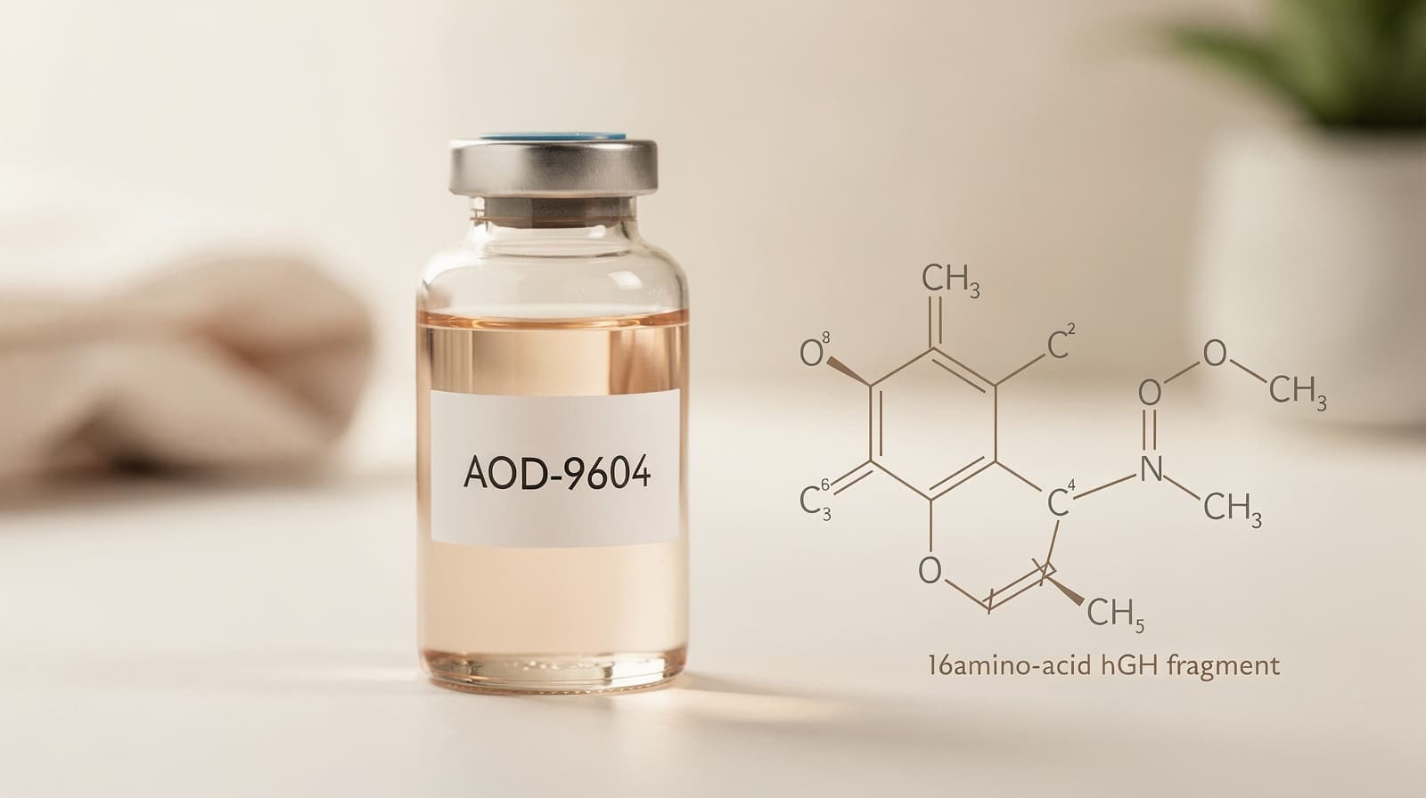 Laboratory vial labelled AOD-9604 next to molecular structure diagram of the 16-amino-acid hGH fragment
