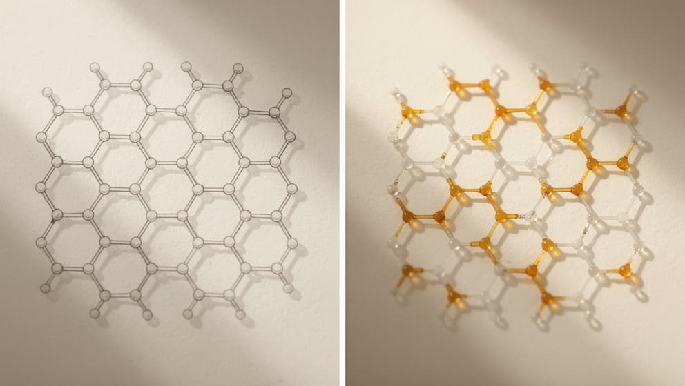 Split-frame illustration comparing a pure water molecular lattice on the left with a stabilized amber-accented solution on the right, editorial line-art