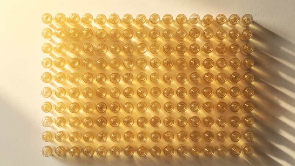 Top-down still-life of many identical closed laboratory vials with amber liquid arranged in a grid pattern on warm off-white paper
