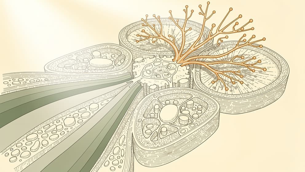 Abstract scientific illustration of a composite tissue-repair microenvironment with overlapping healing pathways, amber angiogenic sprouts and sage cell migration fronts
