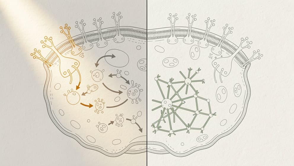 Split cellular illustration with receptor-pathway activation on left and actin-filament polymerization on right, amber and sage accents, symmetric composition