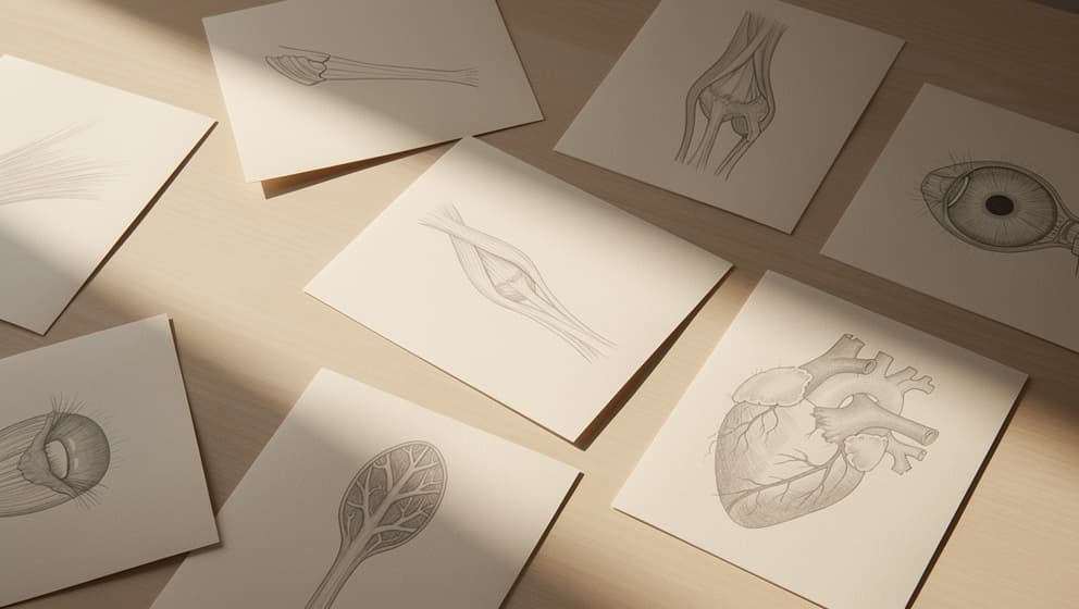 Top-down editorial still-life of scattered anatomical line drawings of tendon, ligament, cardiac tissue, and cornea in a grid, research-desk aesthetic