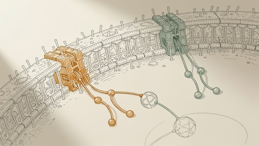 Abstrakt cellulær illustrasjon av en hypofysær somatotrof med to distinkte reseptorer som mottar ulike signalpeptider, amber- og sage-aksenter, synergistisk konsept