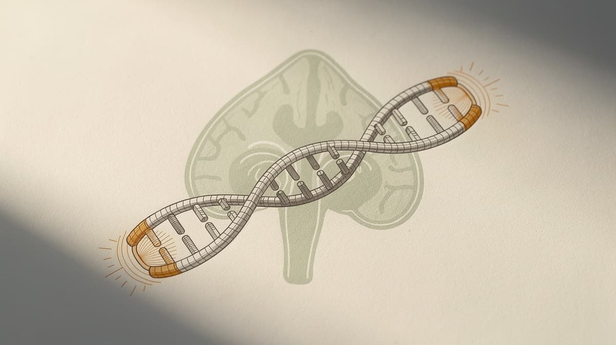 Abstract illustration of a chromosome with amber telomere end-caps and subtle sage pineal silhouette, editorial line-art on off-white paper