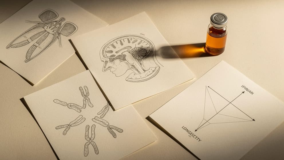 Editorial still-life of scattered journal pages with anatomical pineal gland and chromosome line drawings and a single amber vial, research-desk aesthetic