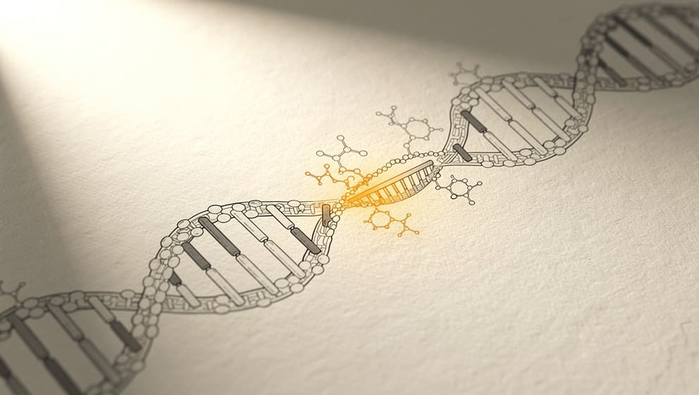 Abstract cellular illustration of telomerase extending a chromosome telomere, amber accent on the elongating telomere end, editorial line-art