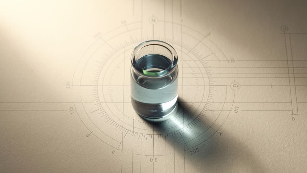 Top-down still-life of a closed laboratory vial with blue-tinted liquid on an architectural calibration blueprint, sage-green meniscus indicating copper content