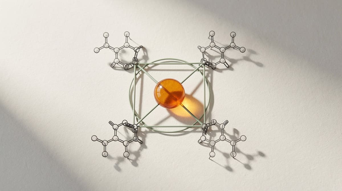 Abstract illustration of a copper-chelation complex with a central amber ion bound by a tripeptide coordination, sage green bonds, editorial line-art