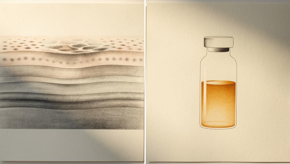 Split-frame illustration with layered dermal tissue cross-section on left and a laboratory vial silhouette on right, amber meniscus, symmetric composition