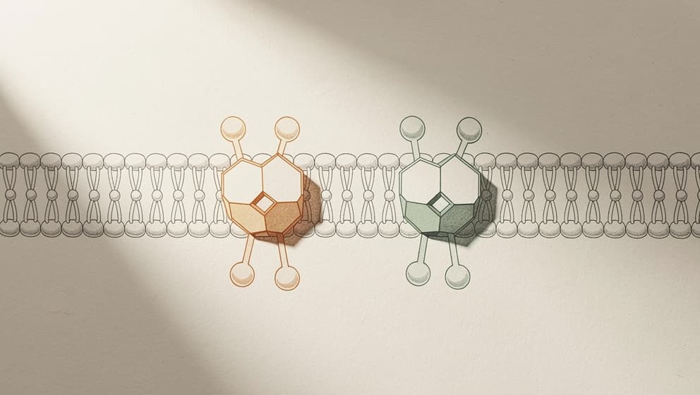 Abstract cellular illustration of two distinct receptors on a single cell membrane with amber and sage green accents showing dual agonism concept