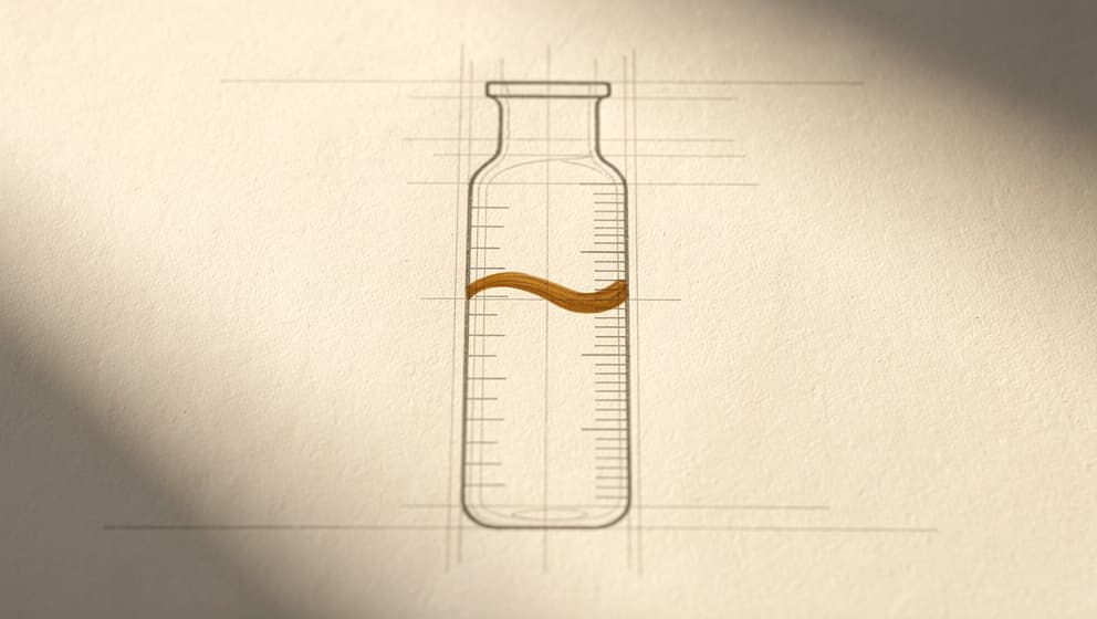 Architectural line-art diagram of concentration geometry showing a vial divided into equal volume segments with amber liquid level indicator, editorial mathematical aesthetic