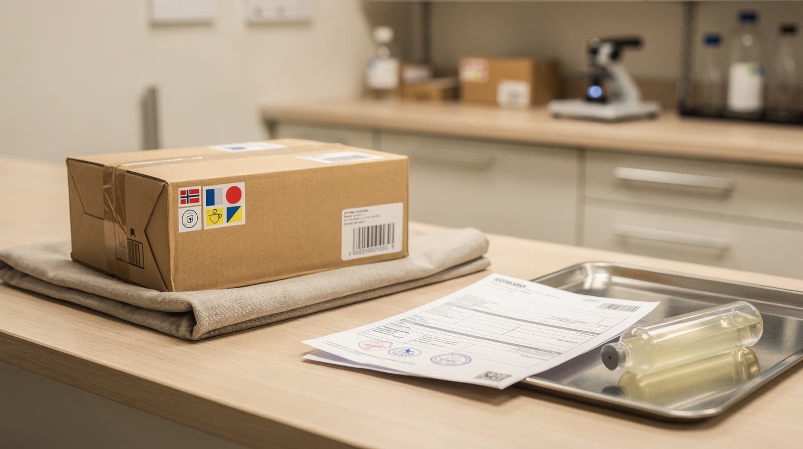 Norwegian customs sorting facility with an international parcel held for inspection beside regulatory paperwork and a laboratory vial.