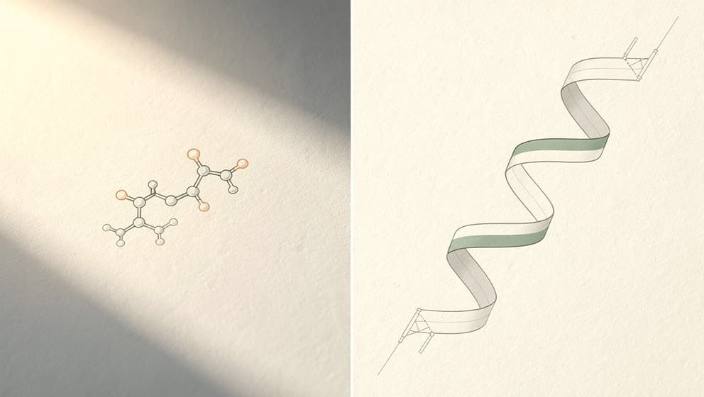Split-frame illustration with a small molecular structure on left and a peptide ribbon on right, amber and sage accents, comparing oral and injectable modalities