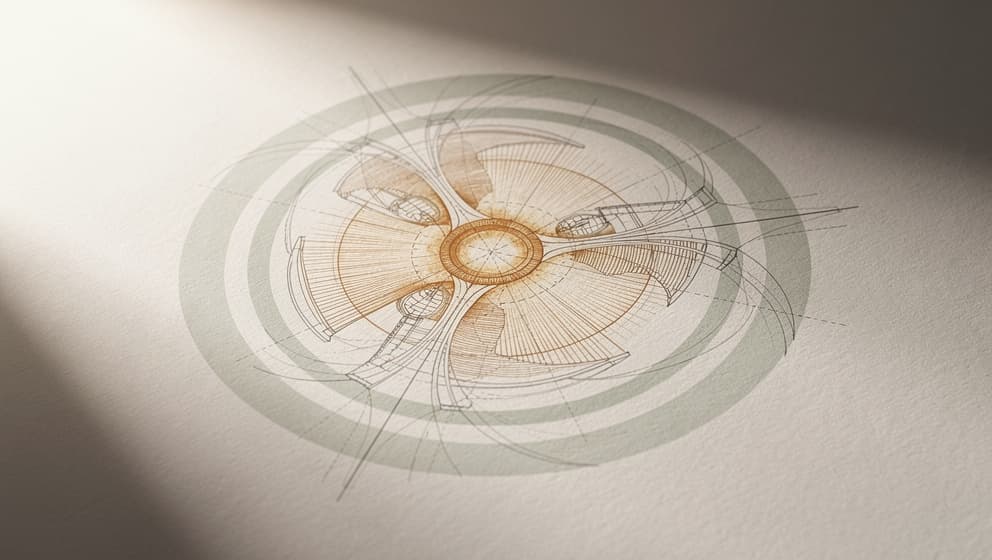 Abstract line-art illustration of cellular energy cascade radiating outward from a central amber source with sage outer rings, editorial architectural style