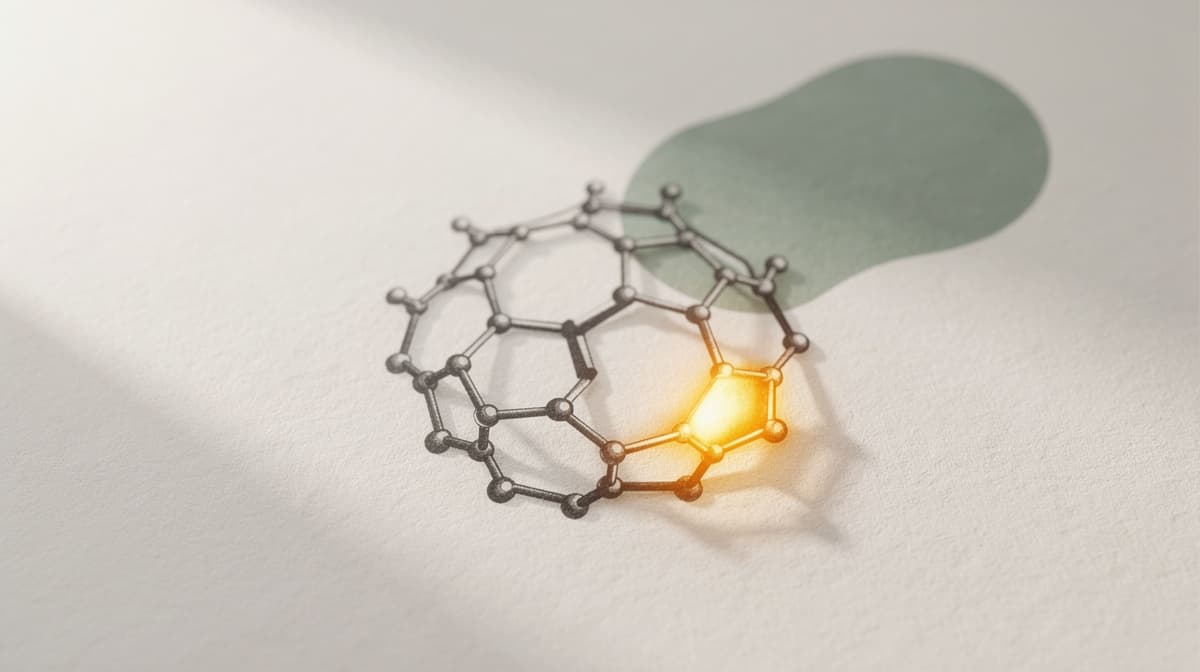 Abstract illustration of a NAD molecular ring structure with a warm amber adenine region and subtle sage mitochondrial silhouette, editorial line-art