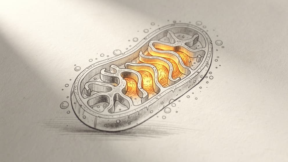Abstract scientific illustration of a mitochondrion with visible cristae, amber accents highlighting energy-production zones, editorial line-art