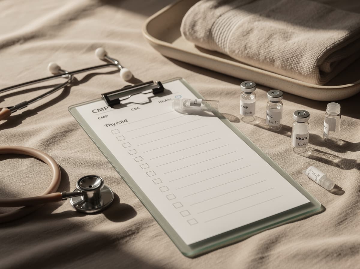 Checklist of universal baseline blood markers for peptide protocols including CMP, CBC, HbA1c, lipids, and thyroid panels.