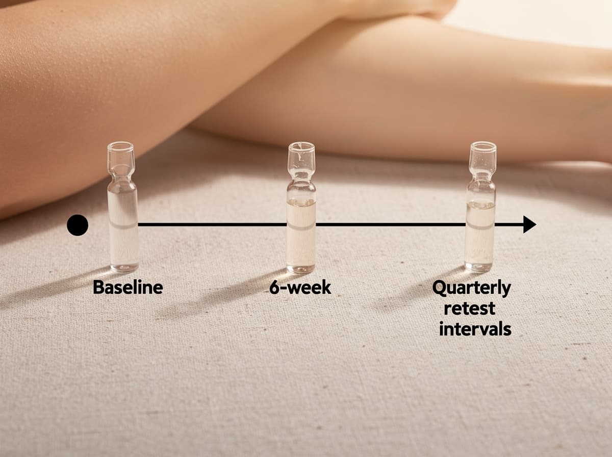Timeline diagram showing baseline, 6-week, and quarterly retest intervals for peptide bloodwork monitoring.