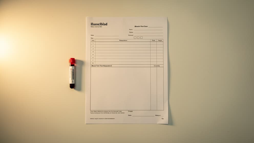 Redaksjonell stilleben av blodprøve-rekvisisjonsskjema og forseglet blodprøverør på varm gråhvit klinisk pult, institusjonell estetikk