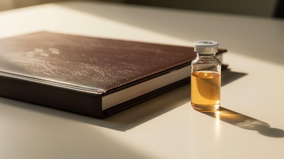 Institusjonell stilleben av lukket medisinsk journalmappe ved siden av et forseglet amber-hetteglass på varm gråhvit pult, morgenlys, klinisk tyngde