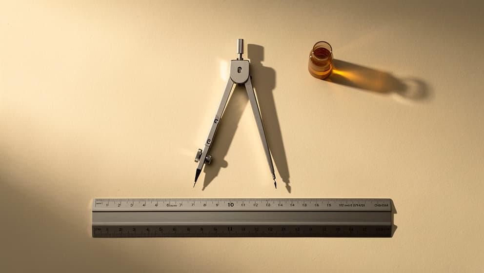 Top-down editorial still-life of a precision drafting compass, a metal straight-edge ruler, and a small amber vial on a warm off-white paper backdrop