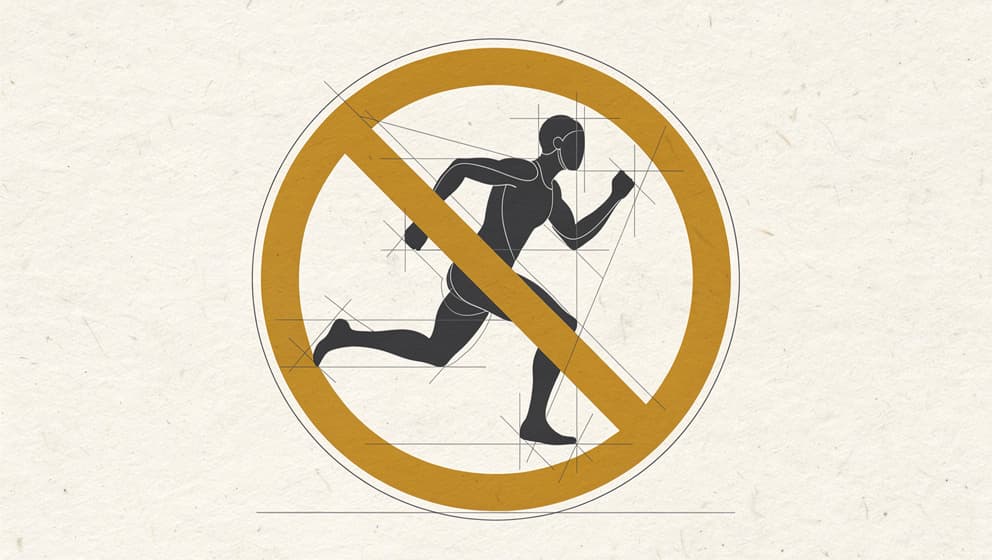 Silent editorial pictogram of an athlete silhouette overlaid on the S2 prohibited category symbol, minimal line-art on off-white paper, no faces