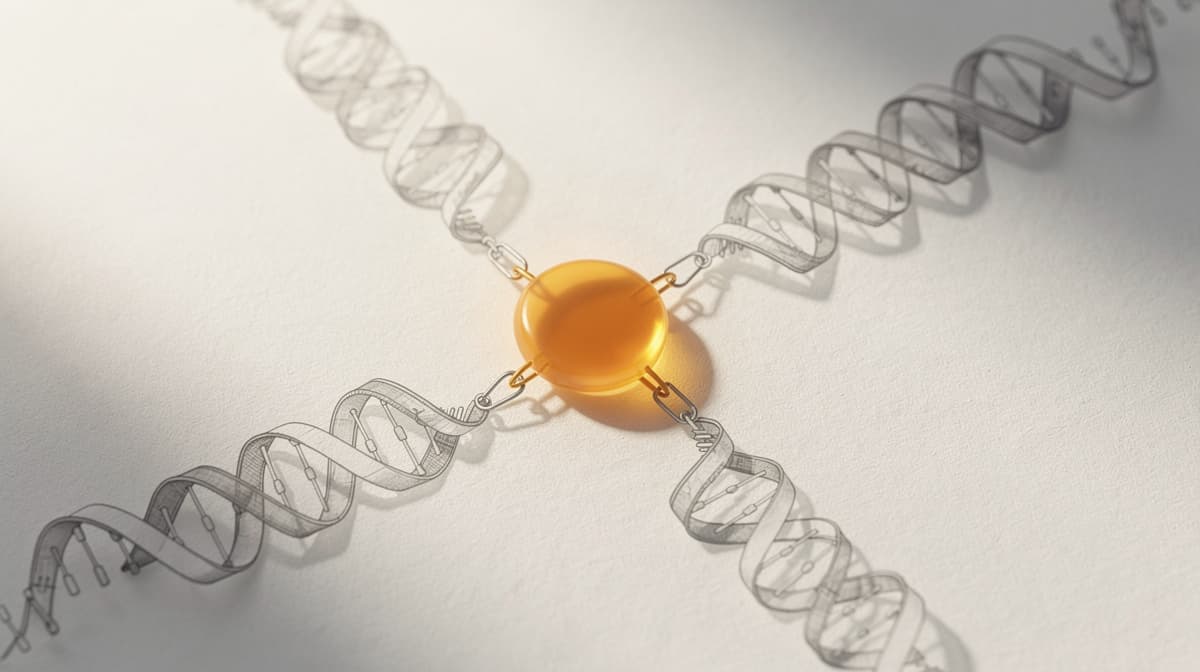 Abstract illustration of three peptide ribbon structures converging toward a central warm amber node, triple-agonist composition on off-white paper