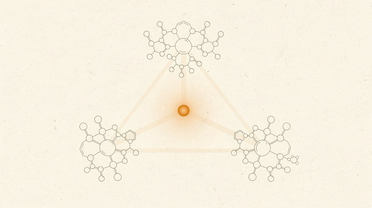 Abstracted scientific line-art illustration of three metabolic receptors (GIP, GLP-1, glucagon) being activated simultaneously, rendered in muted off-white with a single warm amber accent