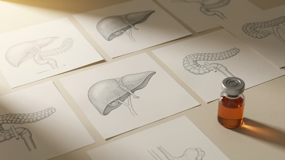 Editorial still-life of scattered journal pages with anatomical pancreas, liver, and hypothalamus line drawings and a single amber vial, research-desk aesthetic