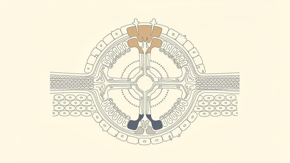 Minimal editorial illustration of a GABA-A receptor in cross-section with two distinct allosteric binding sites highlighted in soft warm tan and muted indigo, on a cream background