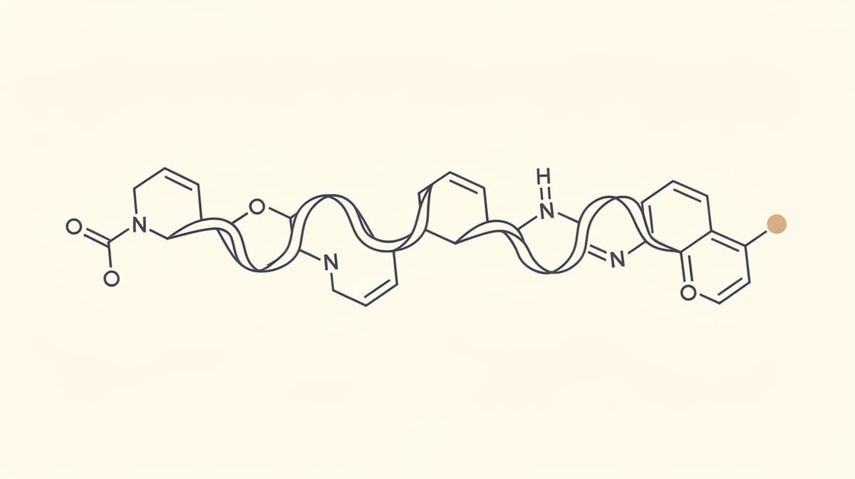 Editorial macro of muted indigo neural filaments with a warm tan accent, suggesting calm allosteric modulation without human anatomy
