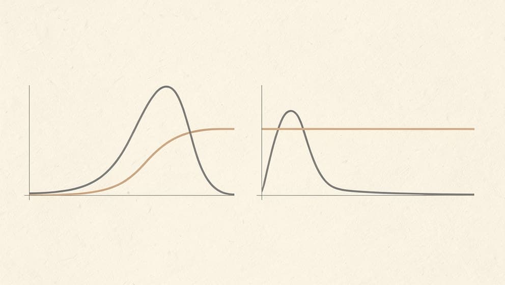 Editorial line graph contrasting two profiles on a cream background: a benzodiazepine onset curve with sedation peak versus a Selank curve showing rapid onset, no sedation, and longer effect tail, in muted charcoal with warm tan accent