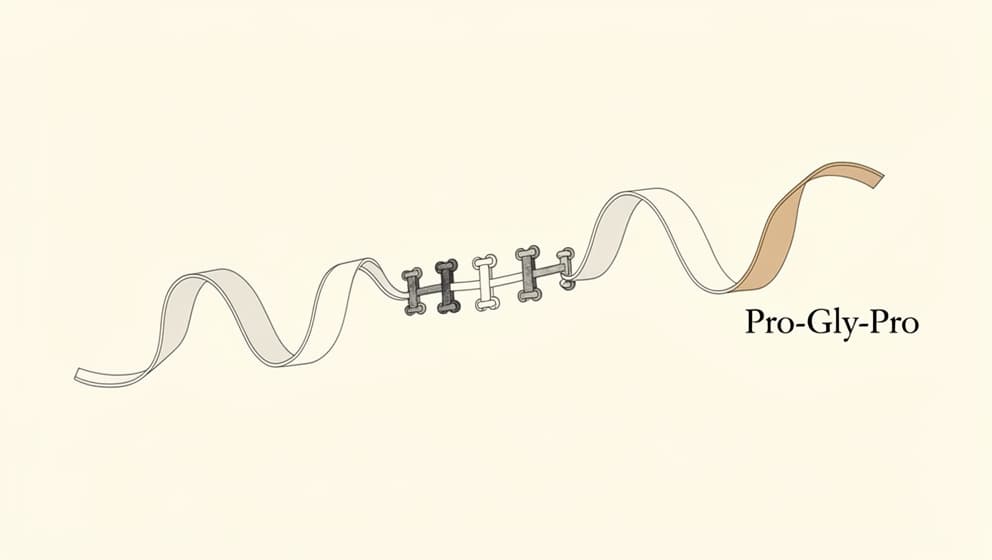 Editorial line-art rendering of a seven-residue peptide chain showing the tuftsin core in soft charcoal and the Pro-Gly-Pro stabilizing tail highlighted in warm tan on a cream background