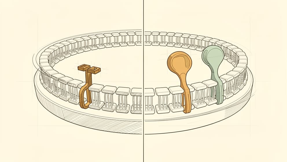 Split cellular illustration with a single receptor on left and two distinct receptors on right, editorial line-art with amber and sage accents