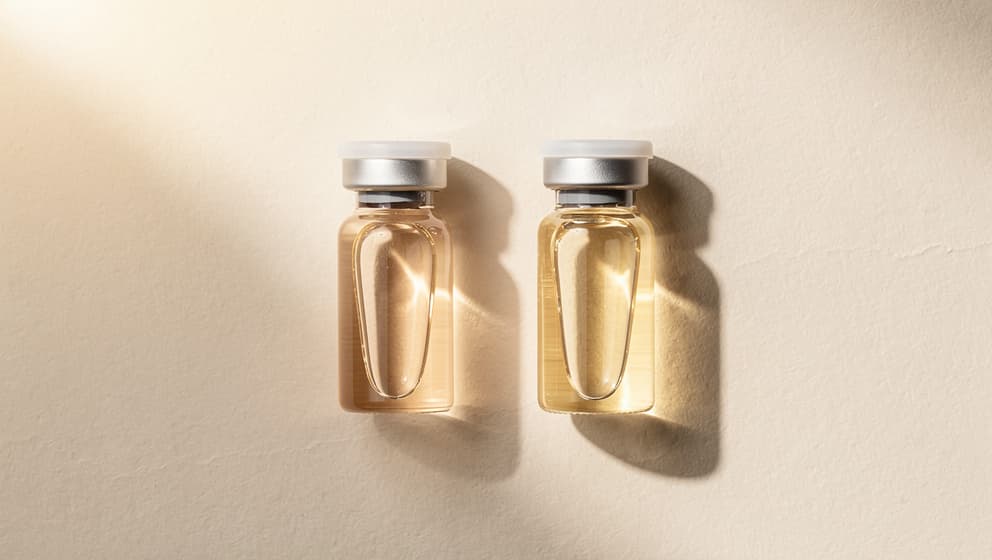 Top-down still-life of two distinct closed laboratory vials side by side with pale amber liquid on off-white paper, symmetric comparison composition