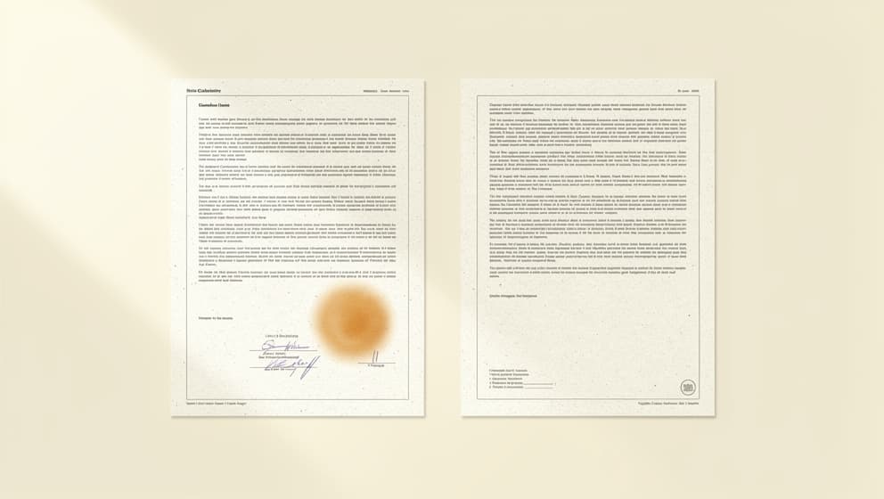 Editorial split-tile composition contrasting two abstract regulatory documents: one with a warm amber stamp, one without, on a cream brand background, no flags or human figures