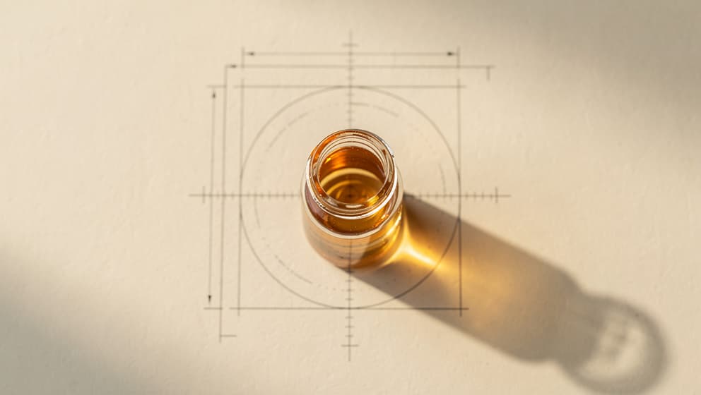 Top-down still-life of a closed laboratory vial with pale amber liquid on an architectural calibration blueprint with unmarked tick marks