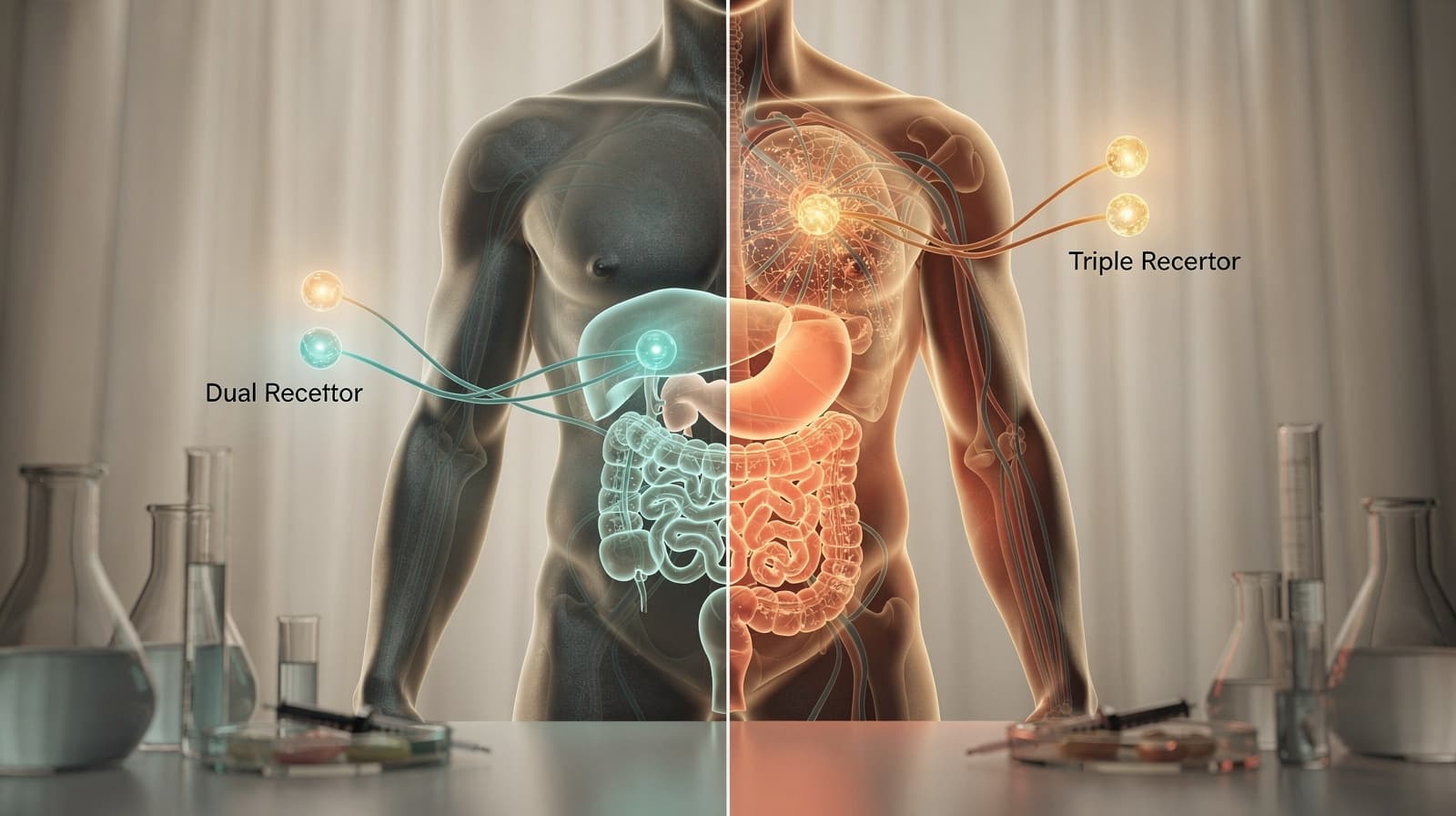 Schematic comparison of tirzepatide dual receptor targeting and retatrutide triple receptor targeting across metabolic signalling pathways