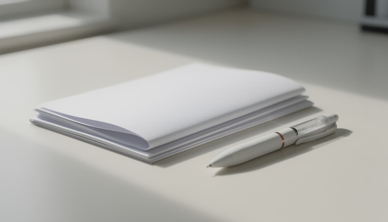 Editorial still life of a clean pale research bench with a single unbranded injection pen and a folded clinical trial report, soft daylight.